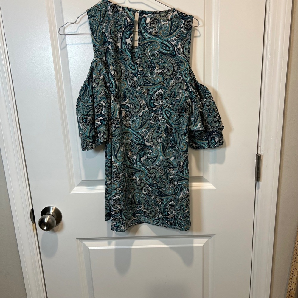 MICHAEL Michael Kors Cold Shoulder Paisley Blouse Top Teal Blue Women's M - Picture 8 of 9